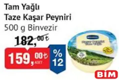 BİNVEZİR TAM YAĞLI TAZE KAŞAR PEYNİRİ 500 G fiyat ve kampanya bilgisi